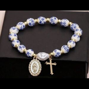 Elegant Blue and White Beaded Bracelet with Charms